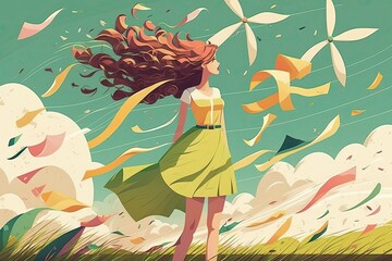 Fototapeta premium Flat woman Wind Summer Beauty flat cartoon AI Generated