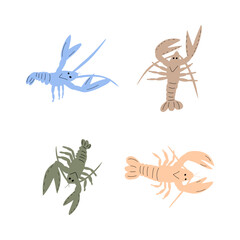 Crayfish Character sea animal on deep background. Wild life illustration. Underwear world. Vector illustration.