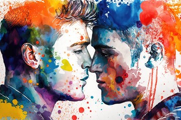 Men Love an Abstract Watercolour Painting of Gay Couple Kiss - Generative AI