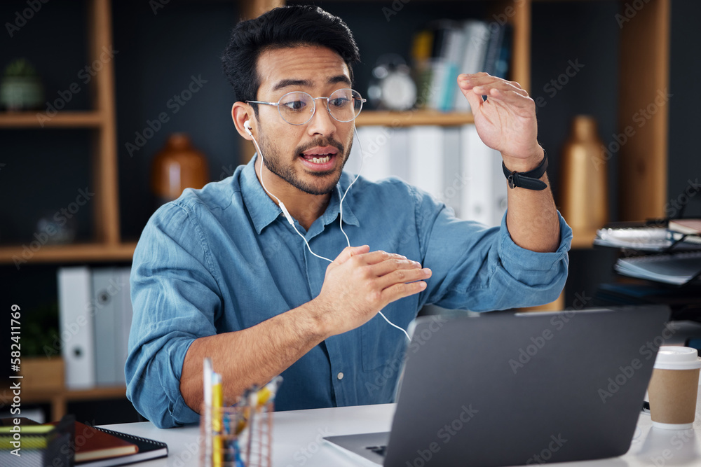 Poster asian man, laptop and consulting in video call for communication with earphones at office desk. male