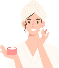 Woman applying cream on her face. Character for beauty, skincare routine, facial treatment.