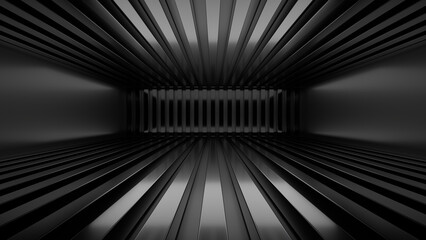 Naklejka premium Sci Fy neon glowing lines in a dark tunnel. Reflections on the floor and ceiling. 3d rendering image. Abstract glowing lines. Techology futuristic background.