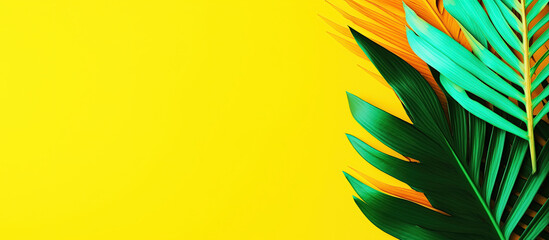 Fototapeta na wymiar Generative AI illustration. Tropical and palm leaves in bright bold holographic colors on a bright yellow background. copying space. Concept art.