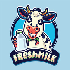 Milky Cow Cartoon logo. Cute Cow with Milk. Cow Logo concept with flat style