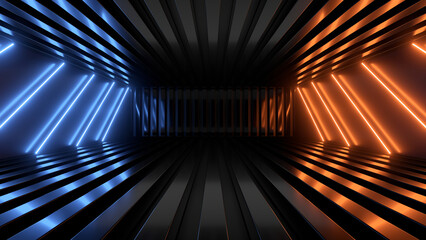 Sci Fy neon glowing lines in a dark tunnel. Reflections on the floor and ceiling. 3d rendering image. Abstract glowing lines. Techology futuristic background.