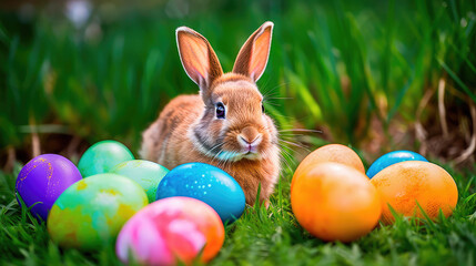 Fototapeta na wymiar A realistic photograph of a Happy Easter Bunny sitting in a field of green grass, surrounded by colorful Easter eggs. Generative AI