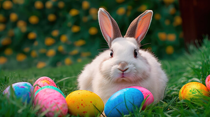 A realistic photograph of a Happy Easter Bunny sitting in a field of green grass, surrounded by colorful Easter eggs. Generative AI