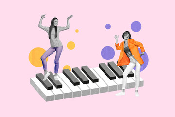 3d retro abstract creative artwork template collage of smiling happy ladies dancing playing piano isolated painting background