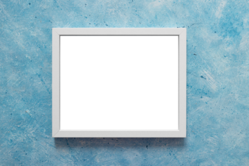white rectangular picture frame mock-up with copy space for yout text or image on top of light blue background
