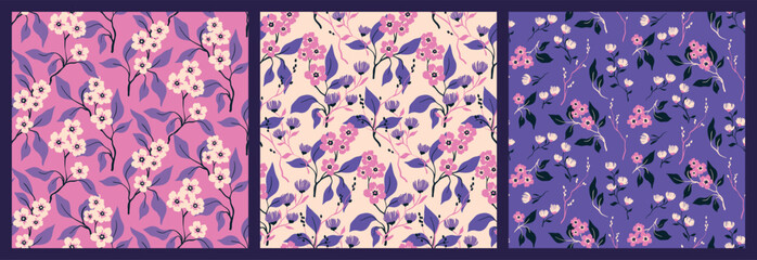 Seamless floral pattern, pretty ditsy print in purple colors in a set. Botanical design collection: hand drawn blooming twigs, small flowers, leaves in abstract arrangement. Vector illustration.