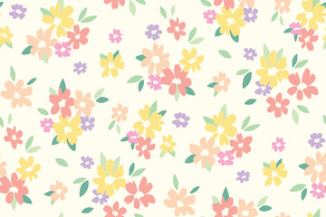 Seamless floral pattern, cute ditsy print with pretty spring, summer flora. Liberty botanical design with small hand drawn plants: simple flowers, leaves on white background. Vector illustration.