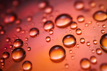 Macro shot of large water droplets on orange ombre colored surface. Created with Generative AI.