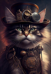 Steampunk cat with glasses. Abstract surreal illustration. Digital designer art. Cyberpunk painting