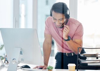 Happy asian man, call center and headphones by computer for consulting, customer service or support...