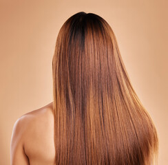 Haircare, beauty and back of woman with straight hair in studio isolated on brown background. Balayage, wellness and female model with salon treatment for growth, keratin texture or healthy hairstyle
