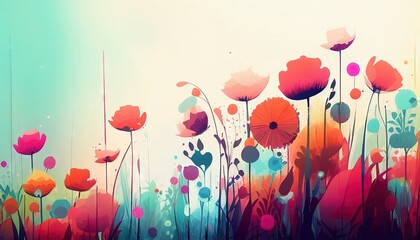 Vibrant Flower Meadow Illustration with Abstract Design Elements. Generative AI.