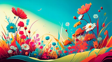 Fototapeta na wymiar Vibrant Flower Meadow Illustration with Abstract Design Elements. Generative AI.