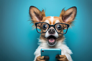 Happy smiling smart dog holding a smartphone, blue background. Generative AI - obrazy, fototapety, plakaty