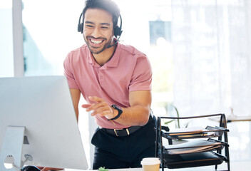 Asian man, call center and consulting with headphones on computer for customer service or desktop...