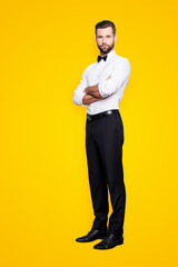 Full size body portrait of attractive virile croupier in white shirt, bowtie, black pants, having his arms crossed, looking at camera, isolated on grey background