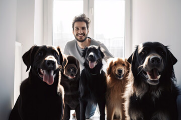 Generative AI Illustration of a man with a beard next to several dogs of different breeds looking at the camera smiling