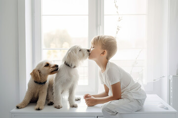 Generative AI Illustration of a boy dressed in white giving his little dog a kiss