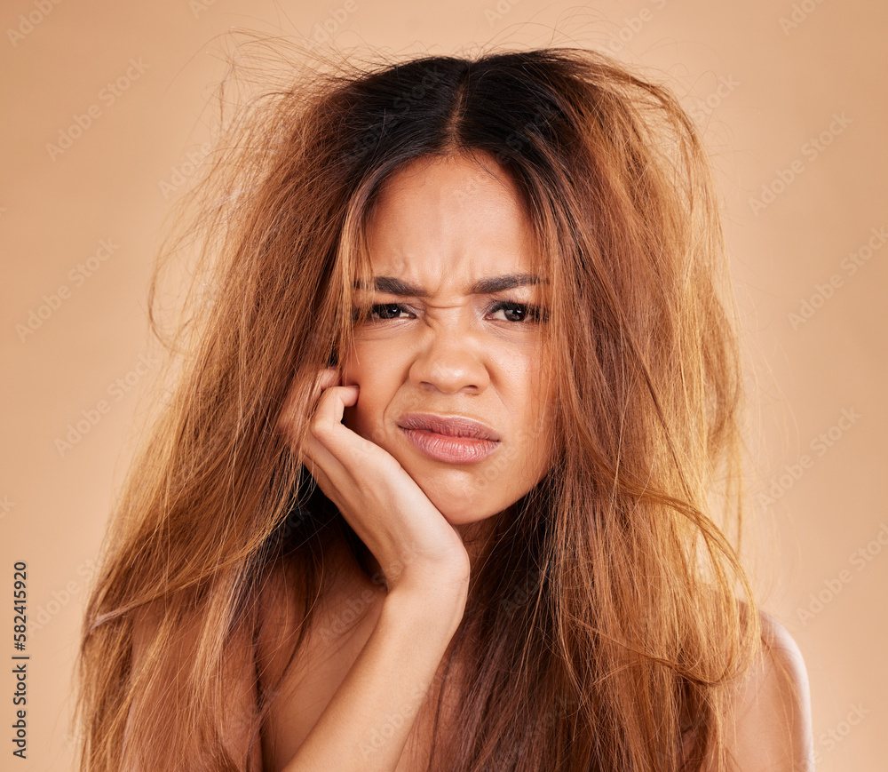 Poster Face portrait, hair loss and sad woman in studio isolated on a brown background. Salon, keratin damage and angry female model with haircare problem, messy hairstyle or split ends after treatment fail