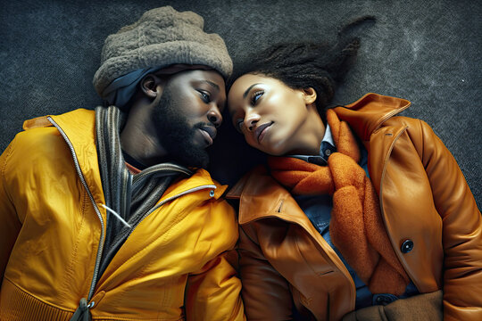 AI Generative Illustration Of A Black Couple Lying On The Floor Next To Each Other Looking At Each Other Dressed In Colored Coats