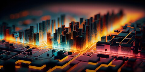 High tech data network color grids over miniature cityscape with cinematic coloring created with Generative AI