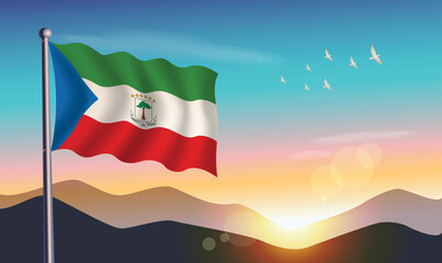 Equatorial Guinea flag with mountains and morning sun in background