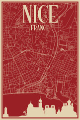 Red hand-drawn framed poster of the downtown NICE, FRANCE with highlighted vintage city skyline and lettering