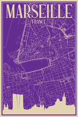 Purple hand-drawn framed poster of the downtown MARSEILLES, FRANCE with highlighted vintage city skyline and lettering