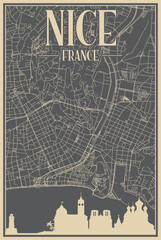 Grey hand-drawn framed poster of the downtown NICE, FRANCE with highlighted vintage city skyline and lettering
