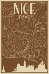 Brown hand-drawn framed poster of the downtown NICE, FRANCE with highlighted vintage city skyline and lettering