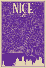 Purple hand-drawn framed poster of the downtown NICE, FRANCE with highlighted vintage city skyline and lettering