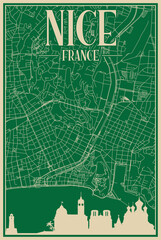 Green hand-drawn framed poster of the downtown NICE, FRANCE with highlighted vintage city skyline and lettering