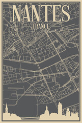 Grey hand-drawn framed poster of the downtown NANTES, FRANCE with highlighted vintage city skyline and lettering