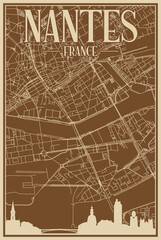 Brown hand-drawn framed poster of the downtown NANTES, FRANCE with highlighted vintage city skyline and lettering