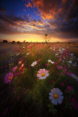 Wildflowers in sunset light. Blooming spring meadow. generative ai.  Field of summer flowers