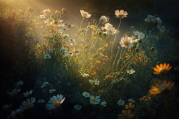 Obraz na płótnie Canvas Wildflowers in sunset light. Blooming spring meadow. generative ai. Field of summer flowers