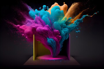 Product display frame with colorful powder paint explosion. Generative ai