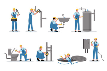 Obraz na płótnie Canvas Vector illustration set of plumber workers. Illustration for website, landing page, mobile app, poster and banner. Trendy flat vector illustration