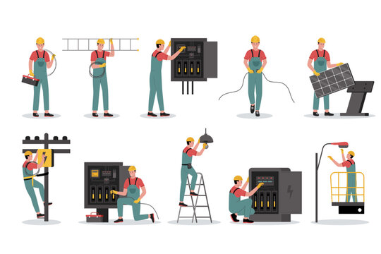 Vector illustration set of electrical workers. Illustration for website, landing page, mobile app, poster and banner. Trendy flat vector illustration