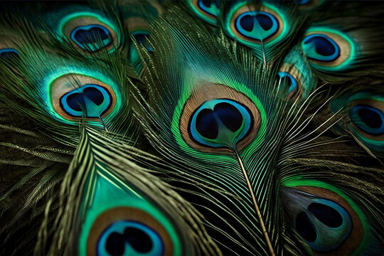 Beautiful green and blue peacock feathers background. Generative ai
