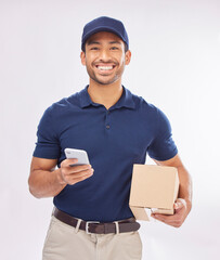 Delivery man, package and portrait, smile with smartphone and box, ecommerce and shipping isolated...