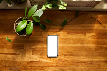 Mockup of phone with blank white screen lying on kitchen counter during sunny day