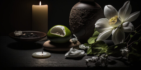 A peaceful oasis with oil, candles and white flowers. The peaceful setting. Calm atmosphere