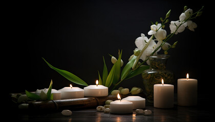 A moment of tranquility: A stone Spa with calming atmosphere, white flowers and aromatic candles