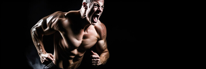 Fototapeta na wymiar Portrait of a muscular man with tense muscles and screaming against a dark background, banner. Generative ai