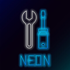 Glowing neon line Screwdriver and wrench spanner tools icon isolated on black background. Service tool symbol. Colorful outline concept. Vector